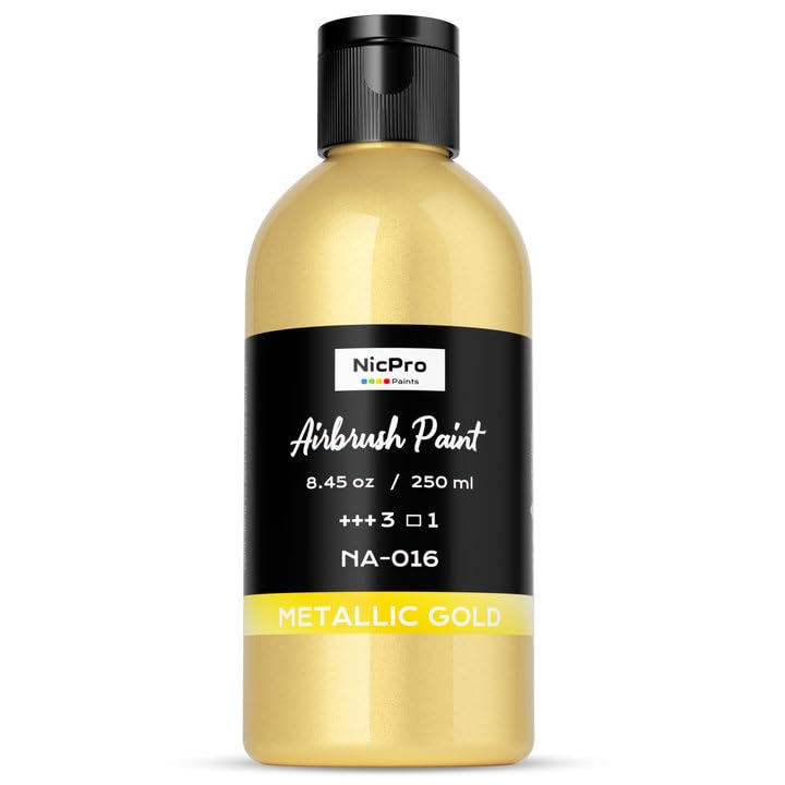 Nicpro Metallic Gold Large Airbrush Paint (8.45oz) Ready to Spray Opaque | Water-Based Acrylic Air Brush Paints for Model, Wood, Canvas, Metal, Plastic, Leather, for Beginners & Artists - color: Metallic Gold