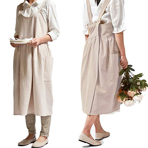 Japanese Cotton Cross Back Pinafore Apron for Women with Pockets Beige | NEWGEM, Criss-Cross, NO Ties, Cotton Linen, Apron Dress, Farm Work Apron for Kitchen Cooking, Baking, Gardening, Painting - color: 08 - Beige Without Waist Ties