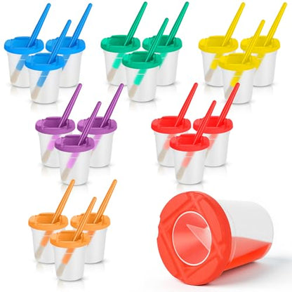18 Set No-Mess Paint Cups with Lids and Brushes for Kids Paints，6 Colors | No-Spill Proof, Airtight Dual-Seal, Reusable, No-Messes, Art Supplies, for Toddler Painting, Classrooms or Summer Camps
