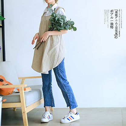 NEWGEM Japanese Cotton Linen Cross Back Cooking Apron for Women Men with Pockets Cute for Baking Kitchen - color: 06 - Women's Khaki