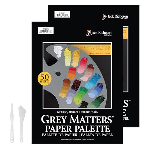 Jack Richeson Grey Matters Disposable Paper Palette 12” x 16”, 2 Pack, Includes 2 Palette Knives - color: Midtone Grey 2 Pack + Palette Knife