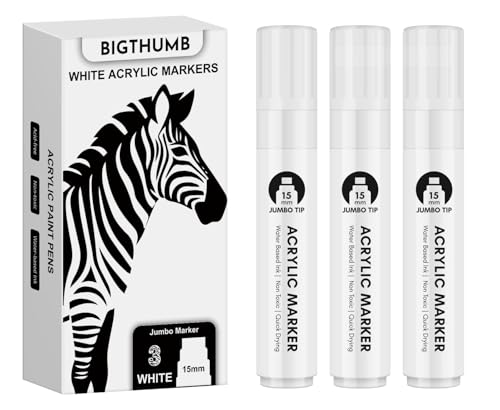 BIGTHUMB Thick White Jumbo Poster Markers: 3 Pcs 15mm Wide Tip Large Acrylic Paint Pens Big Permanent Markers Calligraphy Marker for Rock Painting, Sign, Canvas, Glass, Wood, Ceramic - color: White