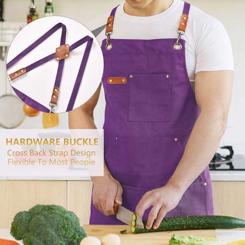 Aoomzoon Canvas Aprons for Men Chef Apron, Work Apron with Large Pockets - 16oz Heavy Duty Cross Back, BBQ, Cooking - color: Purple