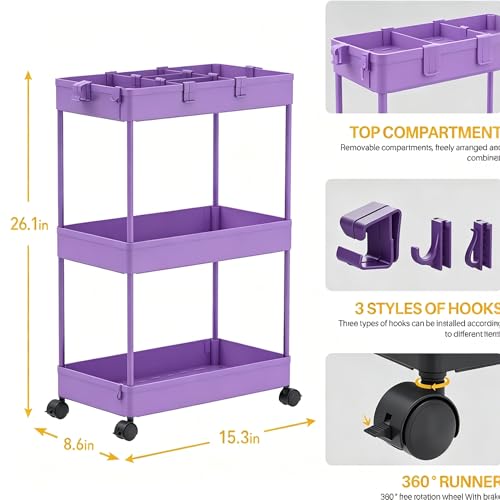 SPACELEAD Slim Storage Cart 3 Tier,Bathroom Organizer Rolling Utility,Mobile Shelving Unit Slide Out for Office, Kitchen, Laundry Room & Narrow Places,Purple - color: Purple