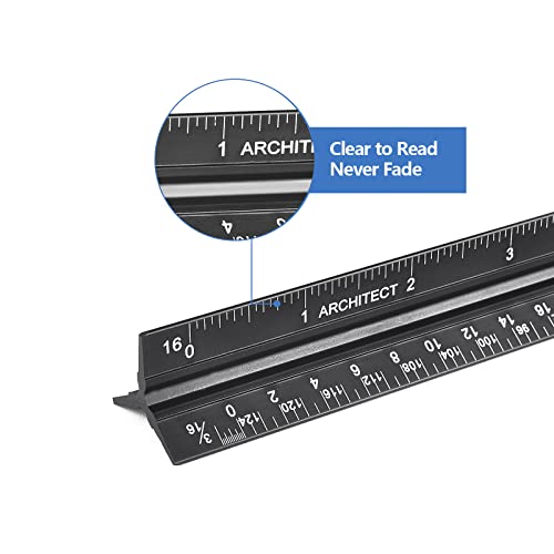 Architectural Scale Ruler with Straight Ruler, 12 Inches Imperial Measurements, Blcak Laser-Etched Aluminum Architect Triangular Ruler for Architects, Engineers, Architects, Students and Draftsman | Black, Laser-Etched Aluminum Architect Triangular Ruler