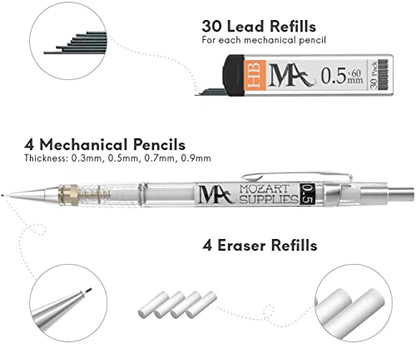 MozArt Mechanical Pencil Set 4 Sizes 0.3 0.5 0.7 0.9mm HB Lead Clear | 30 HB Lead & Eraser Refills – Sketch, Drafting, Art & Drawing for Artists, Students & Architects – Clear Transparent Body - color: Clear