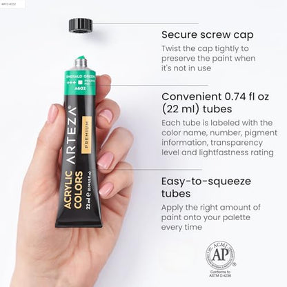 ARTEZA Acrylic Paint Set, 24 Colors, 22 ml / 0.74 oz Tubes, High-Viscosity