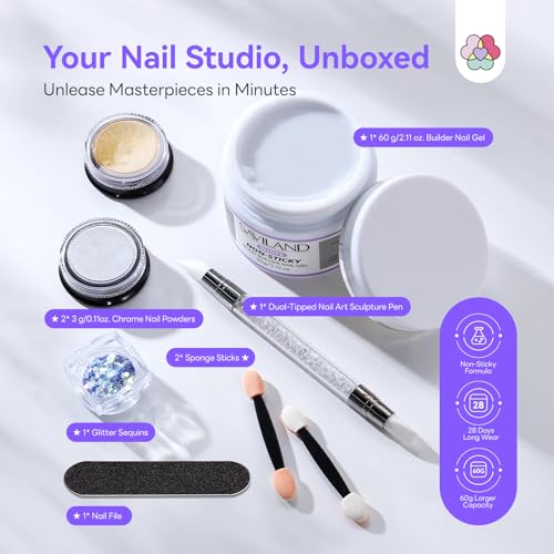 SAVILAND 60 g Solid Builder Nail Gel Kit Non Sticky, White | Non-Sticky Sculpture Gel, Chrome Powder Sequins, Sculpture Pen, Non-Wipe Extensions, 3D Nails Art Designs DIY Home - size: 60g- white