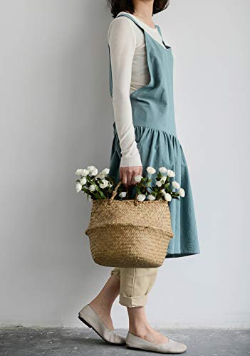 Japanese Cotton Cross Back Pinafore Apron for Women with Pockets Turquoise | NEWGEM, Cross-Back, Waist Ties, Cotton Linen, Apron Dress, Farm Work Apron for Kitchen Cooking, Baking, Gardening, Painting - color: 09 - Turquoise With Waist Ties