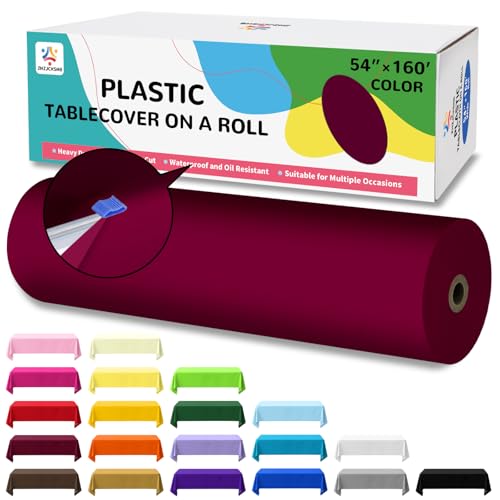 54IN X 160FT Plastic Table Cover Roll with Cutter Box, Cut to Size Plastic Table Cloths for Parties, Birthday, (Burgundy, 54"x1920") - color: Burgundy, size: 1920" x 54" (Rectangular)