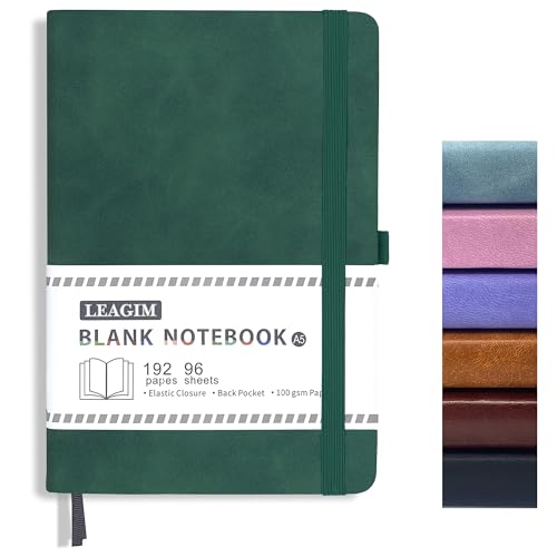 Blank Journal Notebook, A5, 192 Pages 100 GSM Thick Sketch Book for Women Men, Hardcover Leather Unlined Journaling for Work, Notebooks for Writing, 5.8 inches x 8.5 inches (Dark Green) - color: Dark Green, style: a-Blank