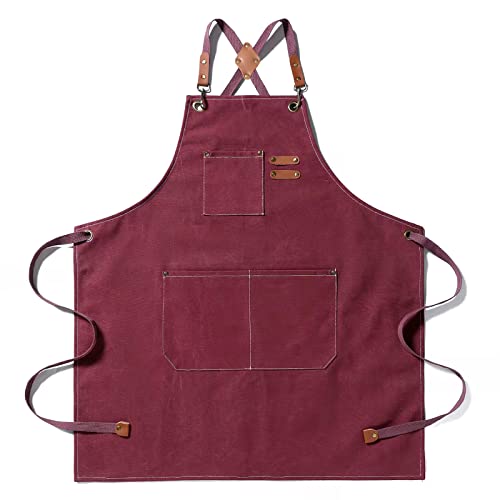 Tosewever Canvas Cross Back Chef Cotton Aprons for Men Women with Large Pockets - color: Dark Red