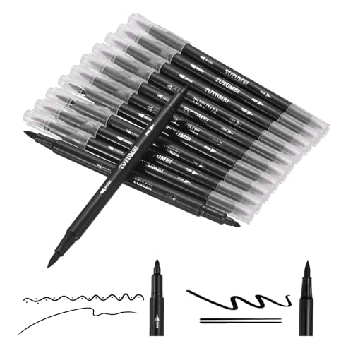 PATIKIL 12 Pack Dual Markers Brush Pens, Black Double Tip Colored Pen Coloring Marker Set Supplies for Adults Coloring Books Note Taking Writing Calligraphy Drawing Sketching - color: Black