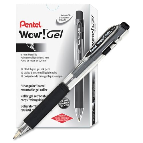 Pentel Wow! Gel Retractable Gel Pen 0.7mm Medium Line Black Ink, Box of 12 (K437-A) - color: Black, size: 12 Count (Pack of 1)