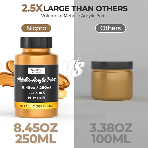 Nicpro Metallic Deep Gold Acrylic Paint, 8.45oz/250ml Large Gold Leaf Paint | Non Toxic, Non Fading Craft Paints for Metal, Wood, Clay, Fabric, Canvas, Furniture, Handcrafts, Art Supplies - color: Deep Gold, size: 8.45 Fl Oz (Pack of 1)