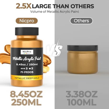 Nicpro Metallic Deep Gold Acrylic Paint, 8.45oz/250ml Large Gold Leaf Paint | Non Toxic, Non Fading Craft Paints for Metal, Wood, Clay, Fabric, Canvas, Furniture, Handcrafts, Art Supplies - color: Deep Gold, size: 8.45 Fl Oz (Pack of 1)