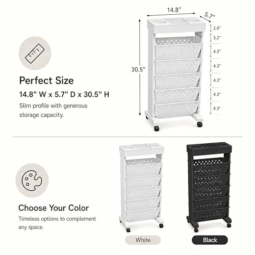 6-Tier Rolling Bookshelf Magazine Rack with Wheels White - color: White, size: 6-Tier 30.5"H