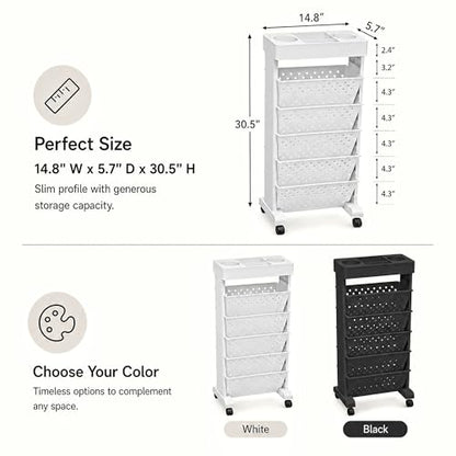 6-Tier Rolling Bookshelf Magazine Rack with Wheels White - color: White, size: 6-Tier 30.5"H