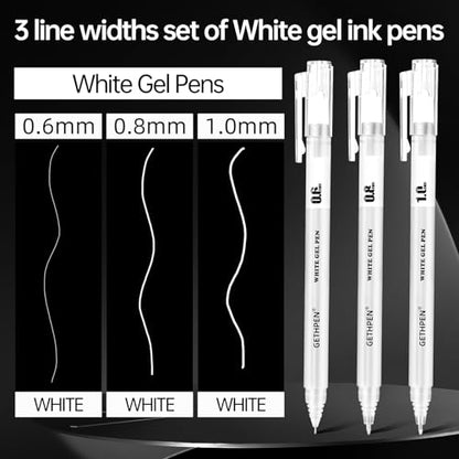 GETHPEN 9 Pack White Gel Pens, 0.6/0.8/1.0mm Fine Opaque Archival Ink Pens - size: 1 Count (Pack of 9), style: 9 Pack White