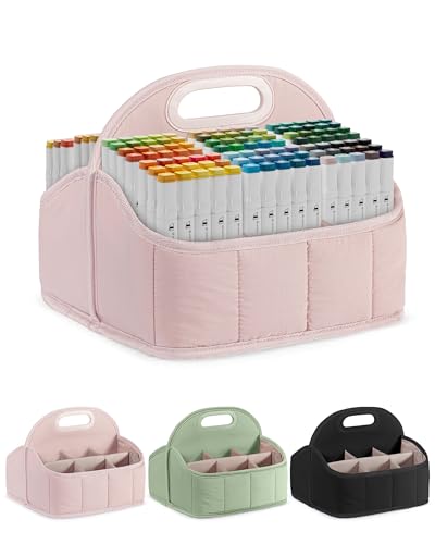 Rexmica Large Marker Caddy Organizer Case Bag for 210-400 Markers, Pink | 12 Zones, Full-opening, Removable Base, Top handle, Multipurpose Marker Storage Bag for Adults, for Cosmetic/Sewing/Art Craft - color: Pink