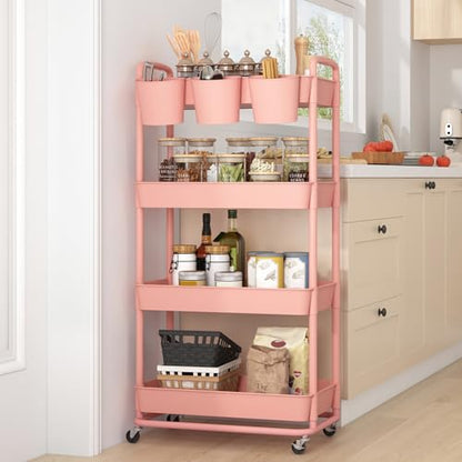 4-Tier Plastic Rolling Storage Cart Utility Cart with Extra Hanging Cups Handles Lockable Wheels for Living Room Bathroom Kitchen Office Pink | Utility Cart with Extra Hanging Cups Arc-Shaped Handles Lockable Wheels for Living Room Bathroom Kitchen Office