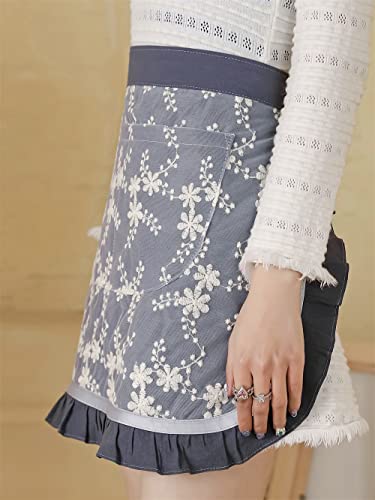 Unisex Chef Aprons White Retro Cotton Maid Short 2 Pockets Waist Waiter Waitress Half Apron - color: Grey-embroidered