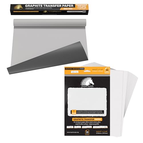 MyArtscape Graphite Transfer Paper Roll, Wax-Free, 17" x 15ft Paper Roll with Graphite Transfer Paper, 20 White Sheets - Erasable - Smudge-Free