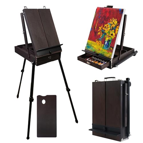 CONDA 70” French Easel with Aluminum Legs, Folding Sketch Painting Easel with Drawer, Tripod Easel Stand for Painting, Sketching, Display - color: Brown