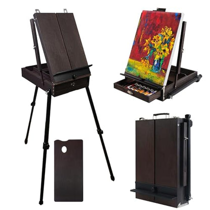 CONDA 70” French Easel with Aluminum Legs, Folding Sketch Painting Easel with Drawer, Tripod Easel Stand for Painting, Sketching, Display - color: Brown