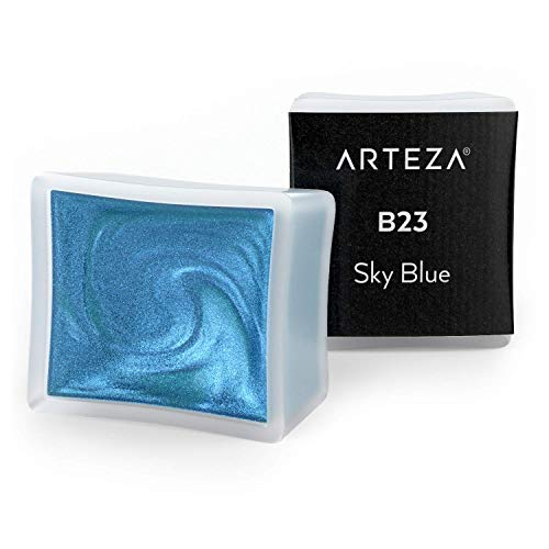 Arteza Metallic Watercolor Paint, Sky Blue A716, Set of 2 Half Pans, Pearl Paint, Vibrant and Pearlescent Hues, For Illustrations, Calligraphy, Painting - color: A716 Sky Blue, size: 2 Half Pans