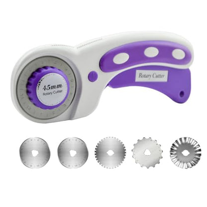 Rotary Cutter For Fabric, 6 Pack 45mm Fabric Cutter with 5 pieces Extra Blades,Ergonomic Handle Rolling Cutter for Fabric, Leather, Crafting, Sewing, Quilting, Fabric Rotary Cutter (Purple) - color: Purple