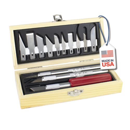 Excel Blades Precision Hobby Knife Set, 13-Piece Precision Craft Knife Set with Case – Includes Light to Heavy Duty Handles and Assorted Blades for Crafting and Precision Cutting - Made in USA - color: Hobby Knife Set (Wooden Chest)