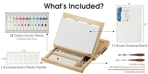 LUCYCAZ Art Easel for Painting,Pine-Wood Portable Easel Stand for Kids | Tabletop Painting Easel Set for Artists with Canvas, Acrylic Paints, Brushes, Palette and Palette Knives for Adults Beginners - style: Easel Set