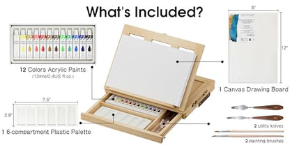 LUCYCAZ Art Easel for Painting,Pine-Wood Portable Easel Stand for Kids | Tabletop Painting Easel Set for Artists with Canvas, Acrylic Paints, Brushes, Palette and Palette Knives for Adults Beginners - style: Easel Set