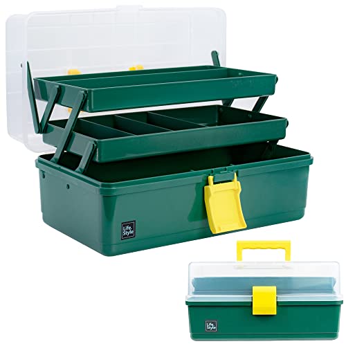 Creahaus 13 inch Art Craft Organizer Storage Box with 3 Layer, Multipurpose Plastic Tool Box with Handle for Sewing, Art Supply, Medicine, Nail, Hair Accessories (Dark Green) - color: Dark Green