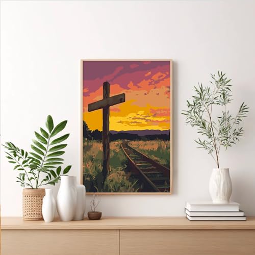 Cross Framed Paint by Numbers Kit for Adults Beginner & Kids Ages 8-12, Sunset Landscape Paint by Numbers with Frame, without Easel, DIY Number Painting for Adults for Home Decor Gift 8 x 12 Inch - color: XM-OP-F-Cross-2030