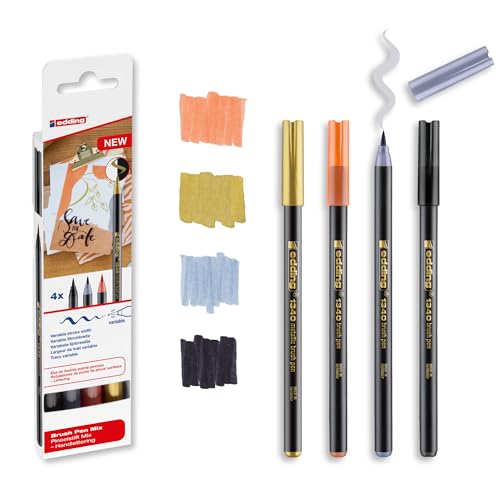 edding 1340 brush pen set - 4 pens - gold metallic, black, grey, apricot - flexible brush nib 1-6 mm - pens for lettering and drawing - high opacity even on darker paper - color: 02: Set of 4 - Metallic