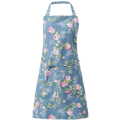 DILLMAN Aprons for Women with Pockets Cotton Linen Cooking Kitchen Baking Soft Durable Floral Gardening Apron - color: Blue
