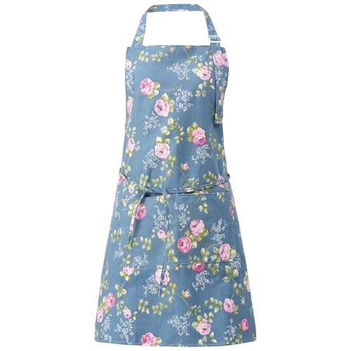 DILLMAN Aprons for Women with Pockets Cotton Linen Cooking Kitchen Baking Soft Durable Floral Gardening Apron - color: Blue