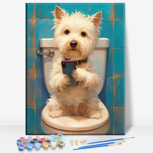 Aeontinity Dog Sitting ON Toilet Animal Framed Canvas DIY Paint by Numbers Kit Bar Cafe Cave Home Room Wall Bathroom Porch Patio Decor Gift, 16 x 12 Inch - color: DOG SITTING ON TOILET