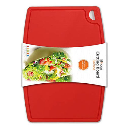Liflicon Thick Silicone Cutting Board 12.6'' x 9.1'' Juice Grooves Easy Grip Handle Dishwasher Safe-Red - color: Red, size: 12.6"L x 9.1"W