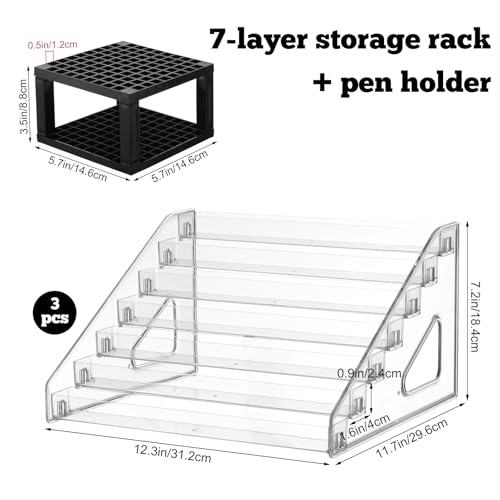 3 Pack Clear Paint Organizer With Paint Brush Holder, 7 Layers Acrylic Pigment Organizer Storage Rack,Craft Miniature Holder for Storage, Holds 56 Bottles of 2oz Pigment
