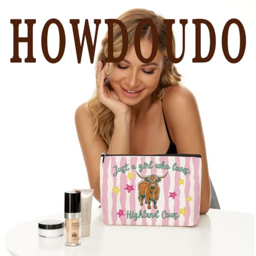 Funny Highland Cow Gifts for Girls Makeup Bag Pink Striped Cosmetic Bag - color: Multicolor 1774