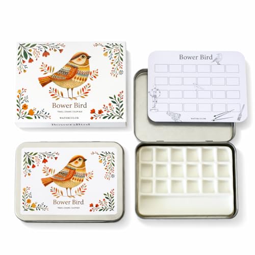 Bower Bird Travel Ceramic Watercolor Palette with Porcelain Mixing Tray, Metal Tin Box, White, 5.3x3.5x0.55 Inches, Portable Art Kit (18Well)