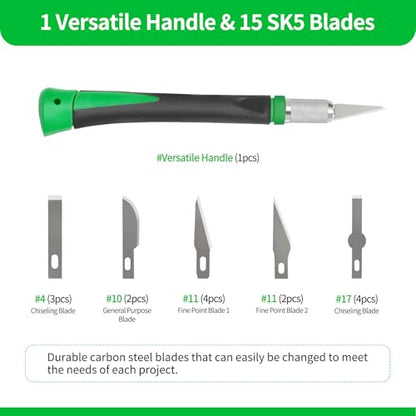 Precision Craft Knife Set with 15 Replacement Blades - Ergonomic Non-Slip Handle Hobby and Exacto Knife Set with Protective Cover for Art, Scrapbooking, Architecture Modeling, Stenciling (Green) - color: Green