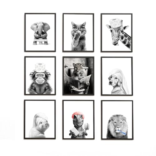 TWNSLLA Funny Bathroom Wall Art Set of 9 - Black and White Bathroom Wall Decor,Cute Animal Wall Decor,Retro Funny Toilet Art Prints for Wall Decoration,Unframed,8x10inch - color: Funny Bathroom-8x10in