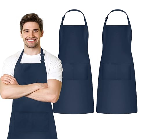 Adjustable Bib Apron 100% Polyester Kitchen Aprons Waterdrop Resistant Aprons with Adjustable Strap, Pockets & Long Ties - color: Navy Blue, style: Pack of 2