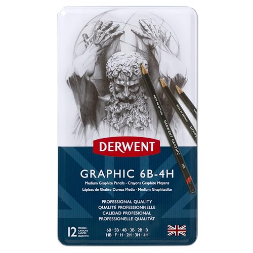 Derwent Graphic Drawing Pencils, Medium, Metal Tin, 12 Count (34214) - size: 12 Count (Pack of 1), style: 12 Count