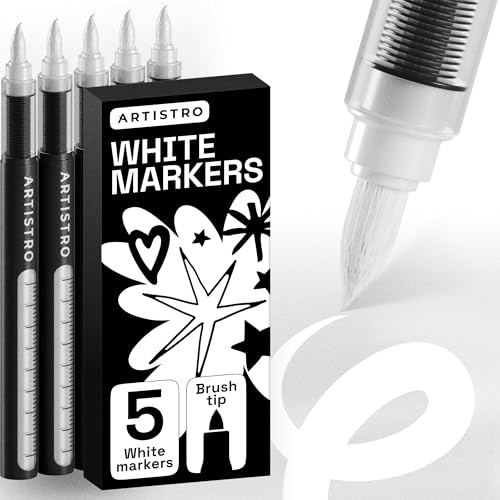 ARTISTRO 5 White Paint Pen for Rock, Glass, Ceramic, Wood, Tire, Fabric, Metal, Canvas, Marking, Painting - Set of 5 Acrylic Paint Markers Water-based - Brush Tip with Automatic Ink Control System - color: White
