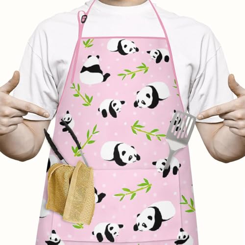 Apron with 2 Pockets,Kitchen Chef Artist Aprons for Cooking Gardening Baking Painting, Waterproof Apron 33" x 27" - color: Panda